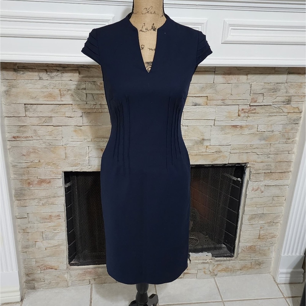 Antonio Melani navy‎ blue pleated detail cap sleeve sheath dress size 2 XS